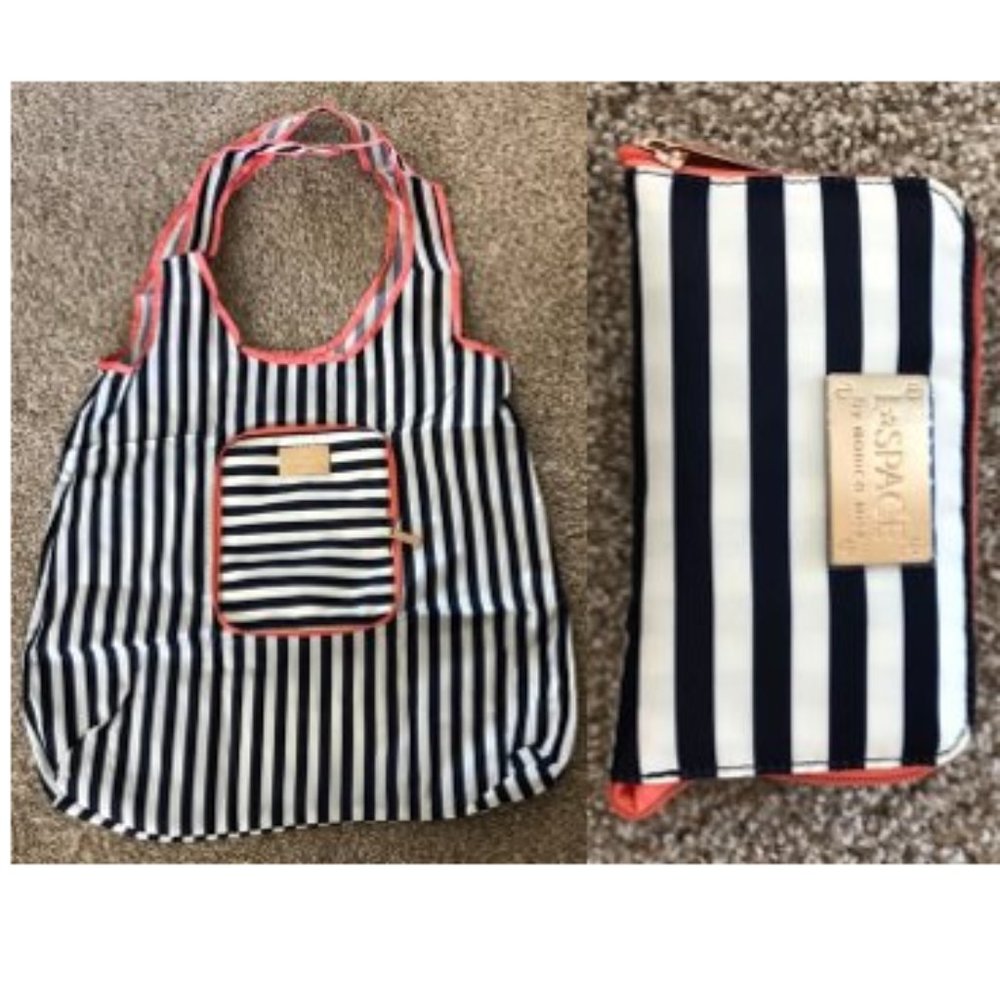 New L*Space nylon packable foldaway collapsible stripe market beach tote bag